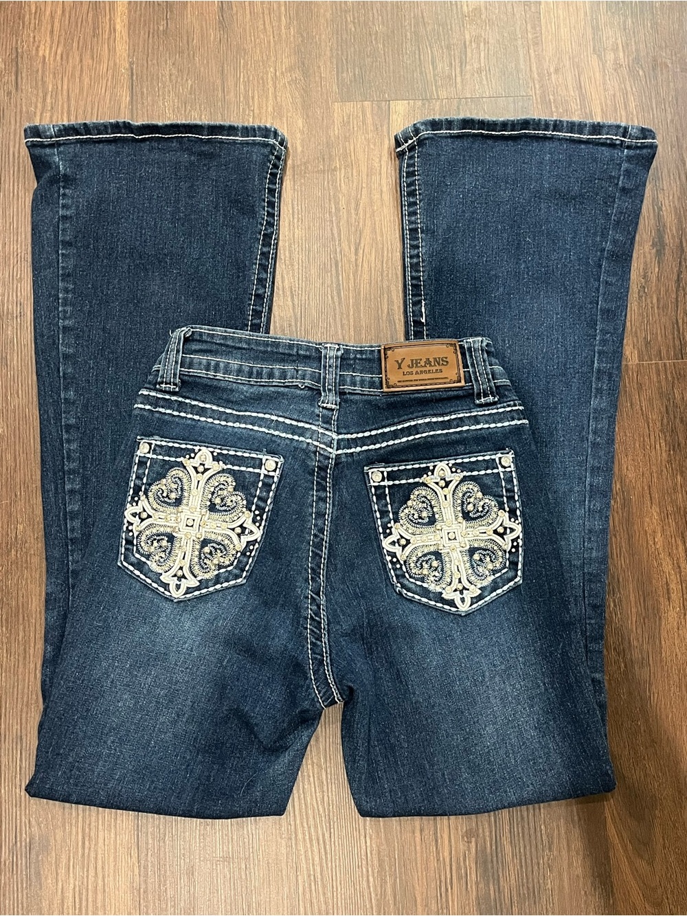 Y Jeans Los Angeles Dark Blue Flare Jeans Embellished rhinestone beaded Sz 1/2